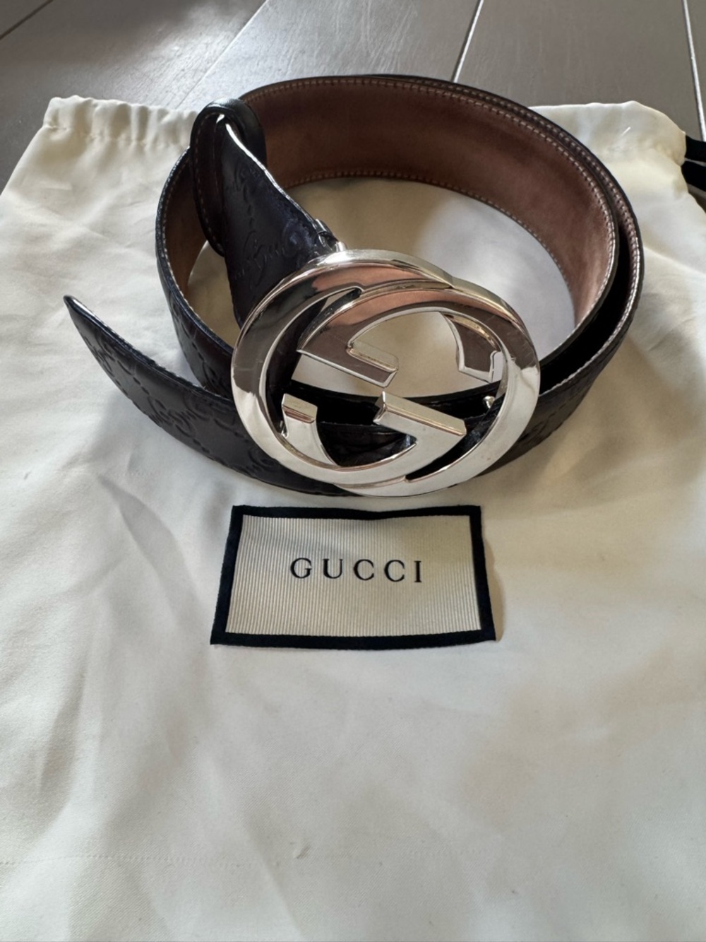 Gucci Black Guccissima Leather Belt with Silver Double G Buckle - Picture 3 of 5